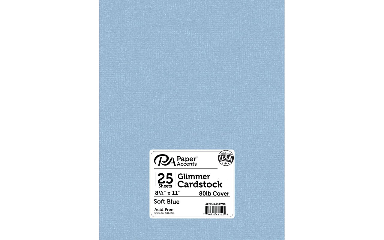 PA Paper Accents Glimmer Cardstock 8.5" x 11" Soft Blue, 80lb colored cardstock paper for card making, scrapbooking, printing, quilling and crafts, 25 piece pack